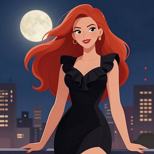 Digital illustration of a red-haired woman with long flowing hair, wearing a black ruffled dress, gold earrings, and red lipstick, sitting on a balcony