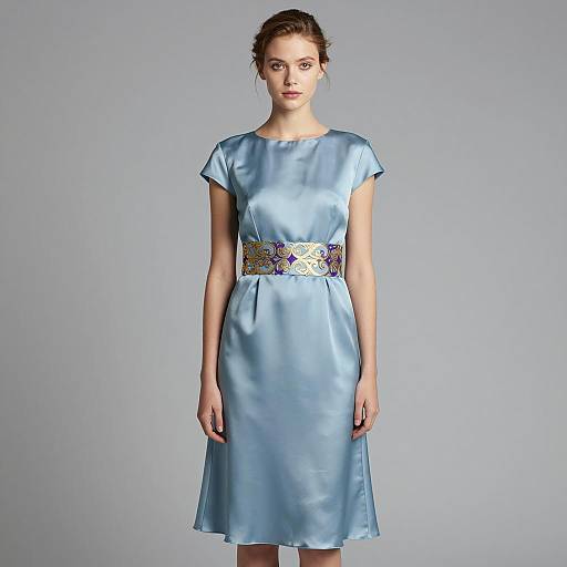Woman in Light Blue Satin Dress with Ornate Waistband
