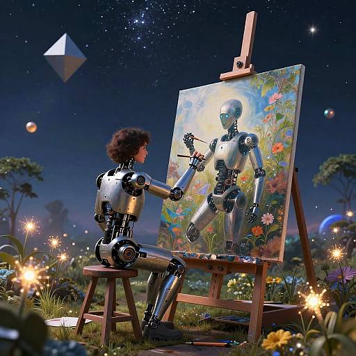 Robotic Artist in Fantasy Nightscape