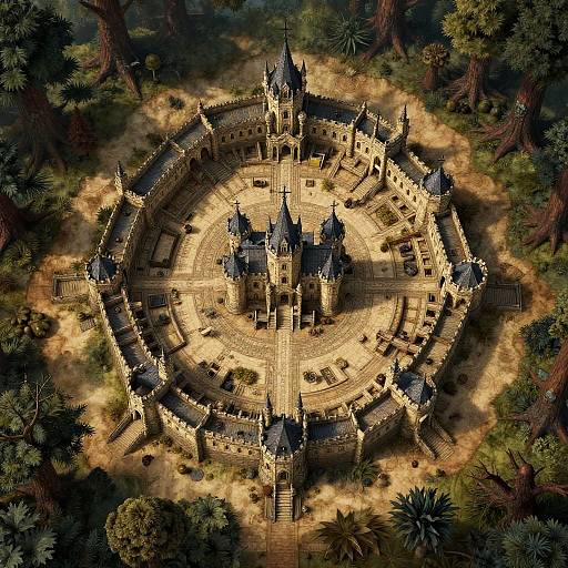 Aerial view of a grand, illuminated, medieval castle with multiple towers and a circular moat, surrounded by dense, shadowed forest. Digital art