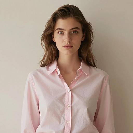 Young Woman in Light Pink Button-Up Shirt
