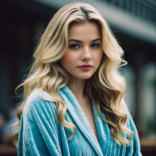 Blonde Woman in Blue Velvet Robe