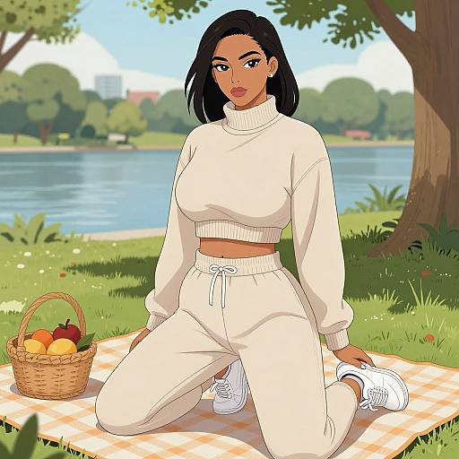 Digital drawing of a black woman with shoulder-length hair, wearing a white crop sweater and pants, kneeling on a checkered blanket by a lake, with