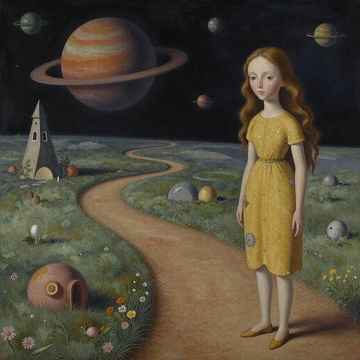 Photorealistic painting of a fair-skinned, red-haired girl in a yellow dress standing on a winding path through a fantastical, planet-filled landscape