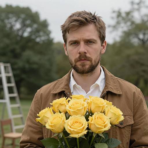 Contemplative Man with Yellow Roses
