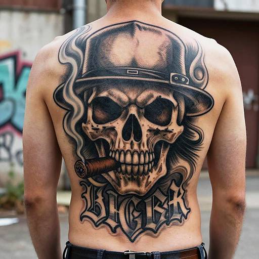 Menacing Gangster Skull Back Tattoo