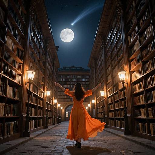 Photograph of a woman in an orange dress, arms raised, standing in a moonlit library corridor, surrounded by illuminated bookshelves.