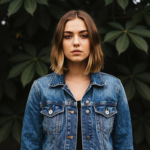 Photograph of a serious-faced young woman with shoulder-length brown hair, wearing a blue denim jacket, standing against a dark leafy background.