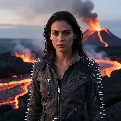 Woman in Spiked Jacket by Erupting Volcano