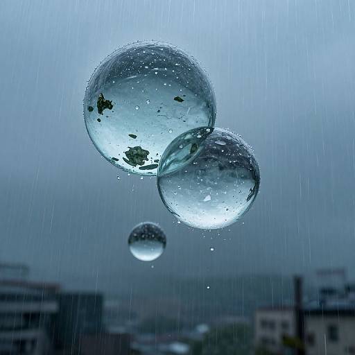 Photograph of three translucent raindrops with visible water spots, floating against a blue, rainy background with blurred cityscape below.