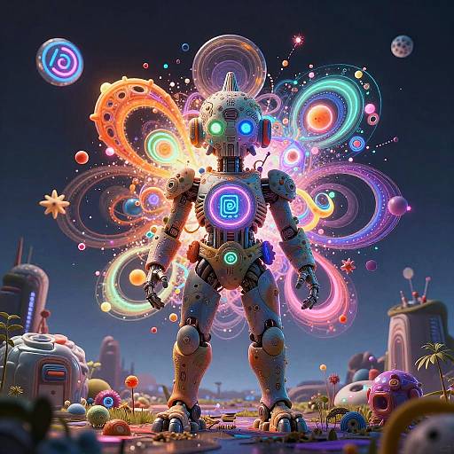 Digital art: glowing, robotic figure with colorful neon wings and spiral patterns stands in a futuristic, starry landscape with scattered machinery.