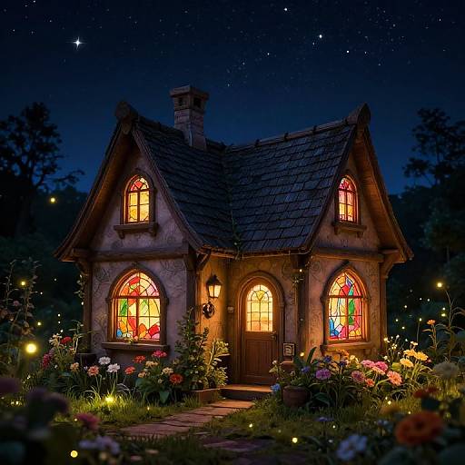 Photograph of a whimsical, fairy-tale cottage at night, glowing with colorful stained glass windows, surrounded by vibrant flowers and twinkling lights,