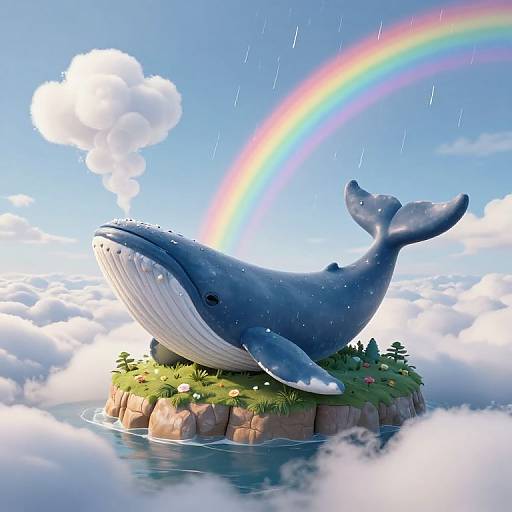 Digital illustration of a blue whale on a grassy island with a rainbow and rain in a cloudy sky.