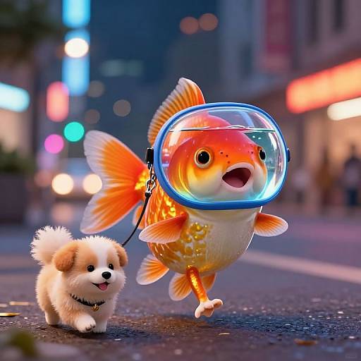 Photograph of a cartoonish goldfish in a clear helmet walking on a city street at night, leash attached to a fluffy white puppy. Neon lights