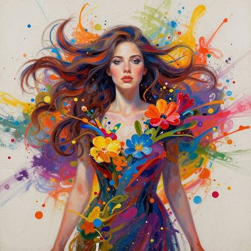 Digital painting of a fair-skinned woman with long brown hair, wearing a dark dress adorned with vibrant flowers and splashes of colorful paint. Background is