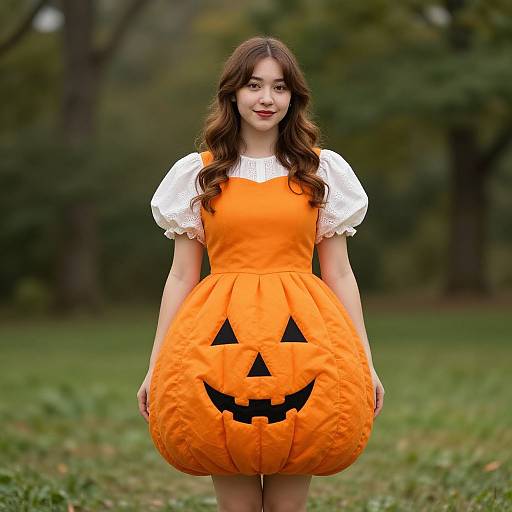 Photograph of a young woman with long brown hair, wearing an orange pumpkin dress with a carved jack-o'-lantern face, white puffed sleeves