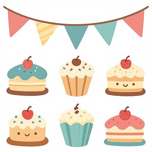 Cute digital illustration of six colorful cupcakes with cherries, each smiling, below a pink, blue, and yellow bunting.
