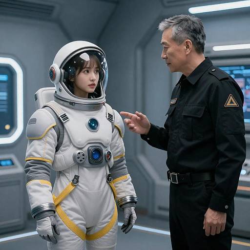 Woman in Futuristic Spacesuit with Officer