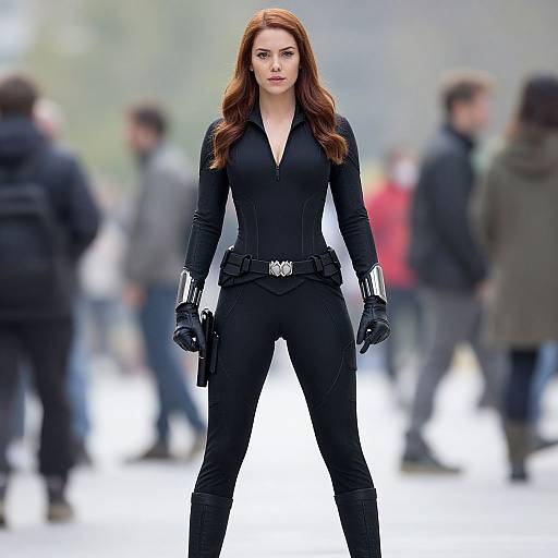Photograph of a confident, red-haired woman in a black, form-fitting, deep V-neck suit with gloves, standing amid a blurred, busy