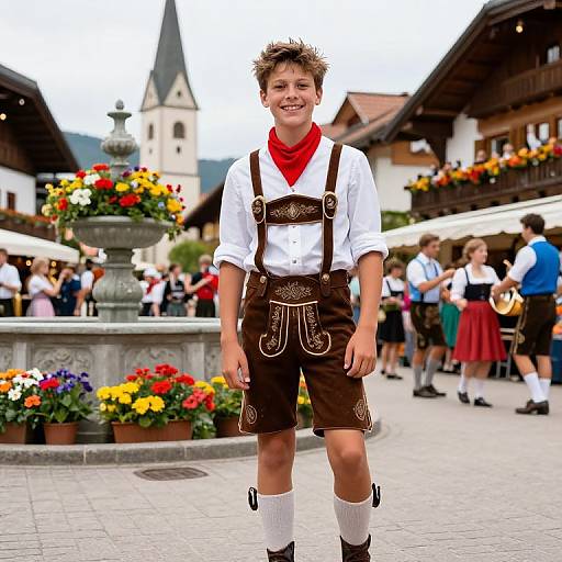 Young boy in traditional Bavarian outfit with brown leather shorts, white shirt, red scarf, white socks, smiling in a colorful, bustling town square.