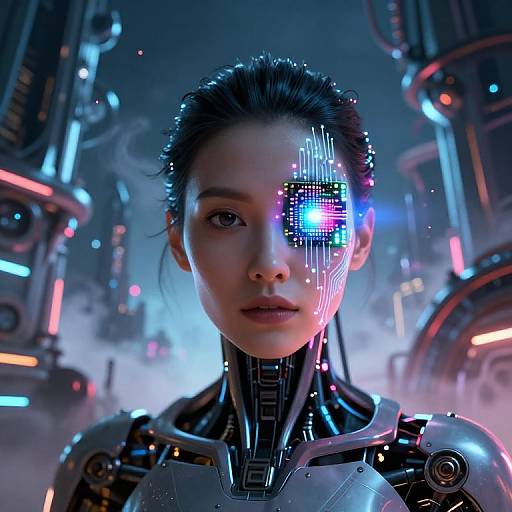 Cyberpunk portrait of a young woman with glowing cybernetic eye, black hair, and metallic robotic shoulders in a futuristic, neon-lit city
