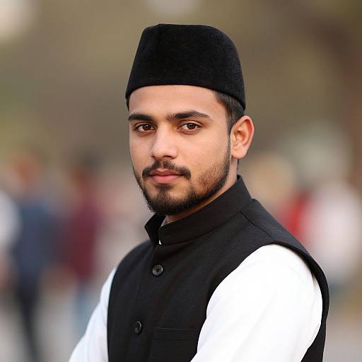 Photograph of a young South Asian man with a black cap, black vest, and white sleeves, standing outdoors with a blurred background.