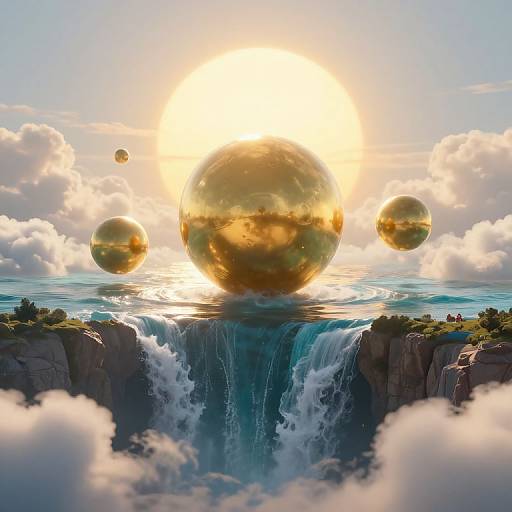 Digital art of a surreal landscape with a golden sun, three floating planets, and a majestic waterfall between rocky cliffs.