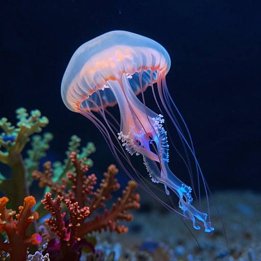 Photograph of a glowing, translucent jellyfish with blue and orange accents, floating above vibrant, colorful coral in a dark underwater scene.