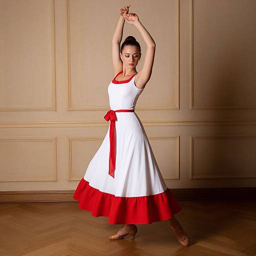 Photograph of a woman in a white dress with red trim and bow, red accents, and brown heels, dancing with arms raised in a elegant room
