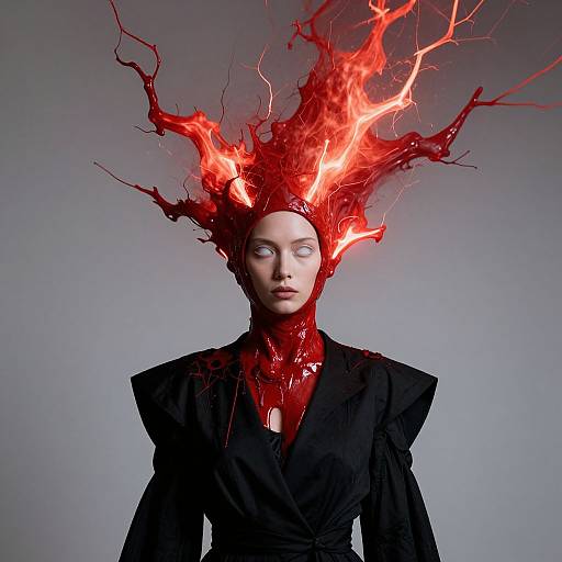 Photograph of a pale-faced woman with fiery red, electrifyingly branching headdress, wearing a black, high-collared garment against a gray