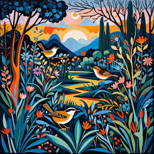 Picasso-Style Cubist Garden with Wrens at Dusk