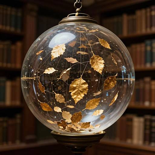 Photograph of a clear glass globe pendant lamp with golden autumn leaves, illuminated from within, hanging over a library with dark wooden bookshelves in the