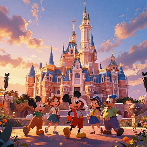 CGI image of Mickey Mouse and friends joyfully walking in front of a colorful, sunlit Disney castle with blue spires.