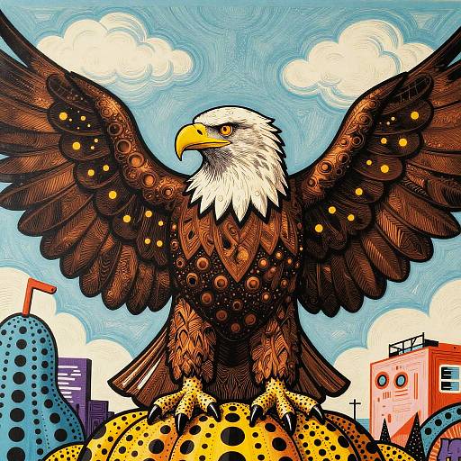 Vibrant digital illustration of a majestic bald eagle with outstretched wings, perched on spotted cheetahs, against a blue sky with
