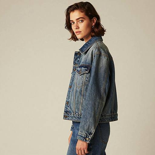 Photograph of a young woman with shoulder-length brown hair, wearing a blue denim jacket and matching jeans, standing against a plain white background.