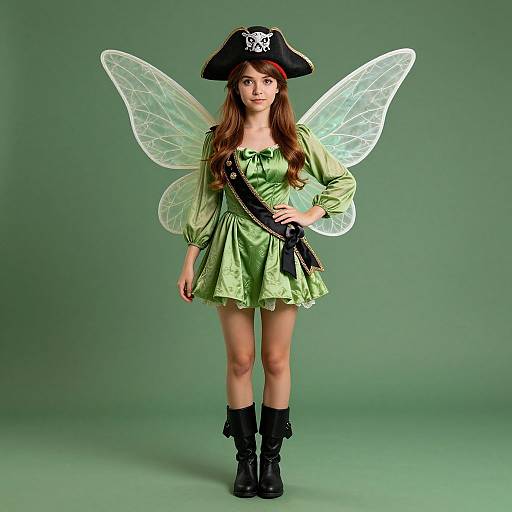 Photograph of a young woman in a green pirate dress, black boots, pirate hat, and transparent fairy wings, standing against a green background.