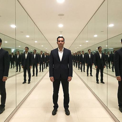 Photograph of a man in a black suit, white shirt, standing in a long, mirror-lined hallway with reflections of multiple identical men.