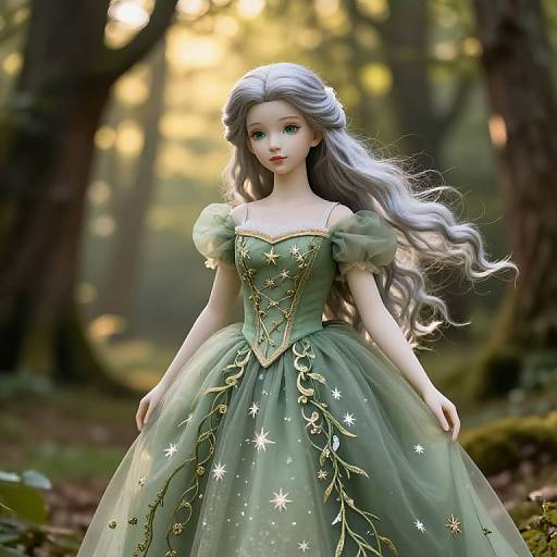 Digital painting of a pale-skinned, green-eyed fairy princess with long silver hair, wearing a green, star-adorned, floral-embell