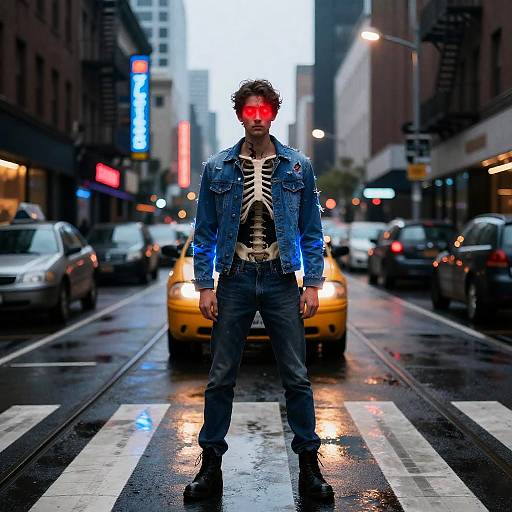 Skeletal Man in Neon Taxi Crosswalk