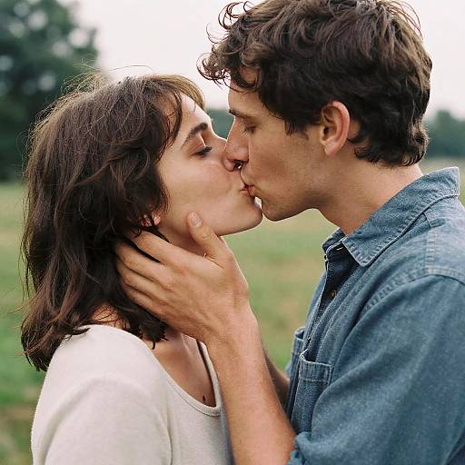Photograph of a young couple kissing outdoors; the man with curly brown hair, denim shirt, gently holds the woman's face, who has straight brown