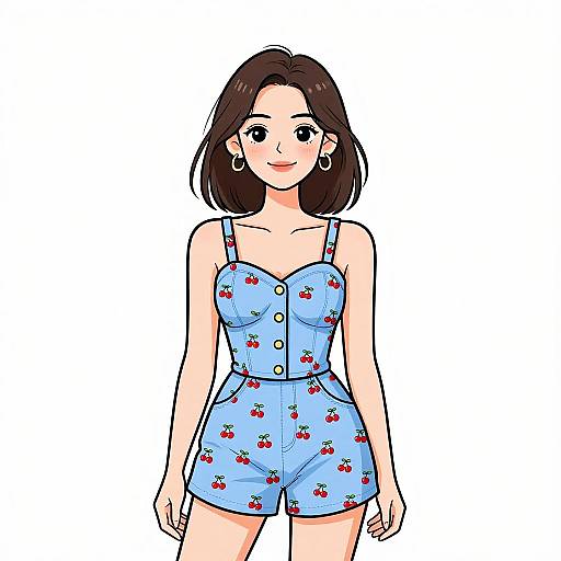 Digital drawing of a smiling young woman with short brown hair, wearing a blue cherry-patterned romper, gold buttons, and hoop earrings.
