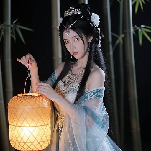 Asian woman with long black hair in blue, sheer, traditional dress holding glowing lantern, bamboo background, adorned with jewelry and floral headpiece. Photographic