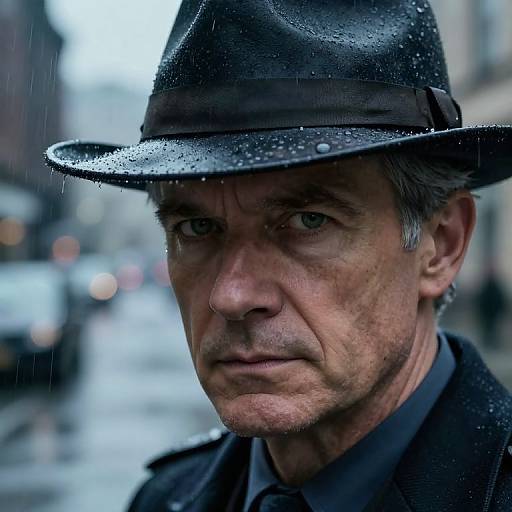 Close-up photograph of a middle-aged man with weathered skin, gray hair, and intense blue eyes, wearing a wet black fedora and coat,