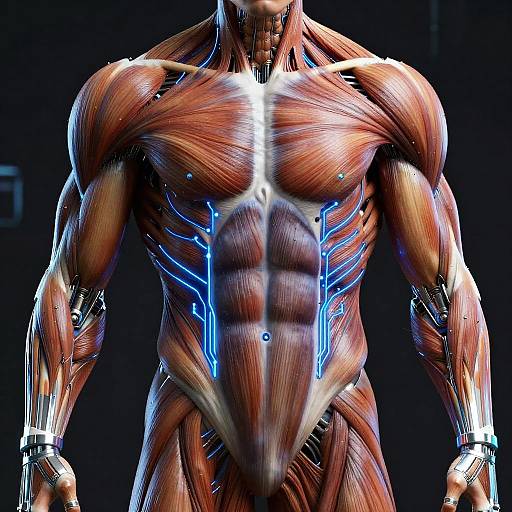 Photorealistic CGI of a muscular male torso, showcasing detailed red muscle fibers, blue neon lines, and shiny metallic joints against a black background.