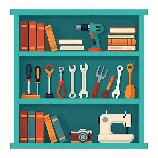 Digital illustration of a teal bookshelf with three shelves, holding books, a drill, tools, orange wrenches, a sewing machine, and a camera