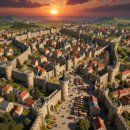 Aerial photo of medieval castle town at sunset, featuring stone towers, red-roofed buildings, and vibrant orange sky. Detailed textures of stone walls