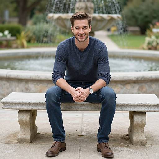 Photograph of a smiling, casually dressed man with short brown hair, wearing a dark blue sweater and jeans, sitting on a stone bench in front of