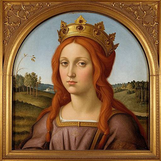 Renaissance portrait of a pale-skinned, red-haired woman with a golden crown, wearing a purple dress, set in an ornate, ar
