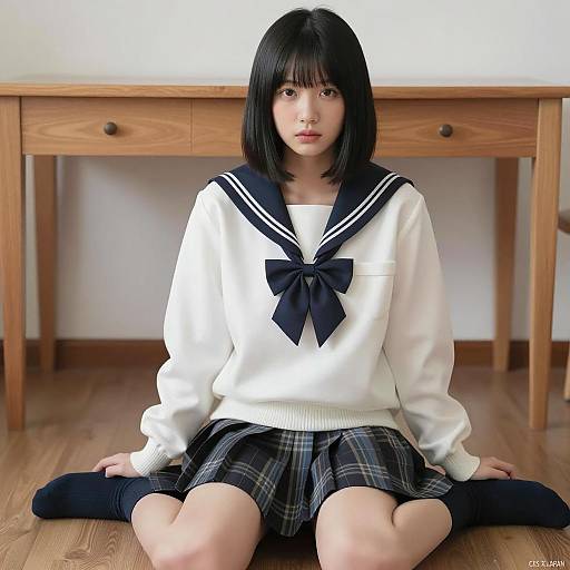 Asian Woman in Sailor-Style Outfit Sitting on Floor