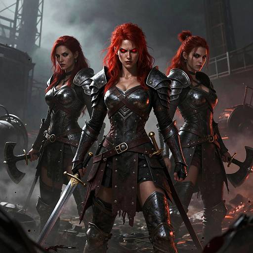 Digital art of three fierce, red-haired women in black, armored warrior gear with swords, standing in a smoky, industrial battlefield.